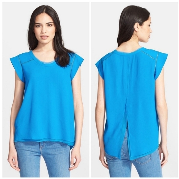 Rebecca Taylor Blue Layered Split Back Cut Out Crepe Top - Picture 1 of 8